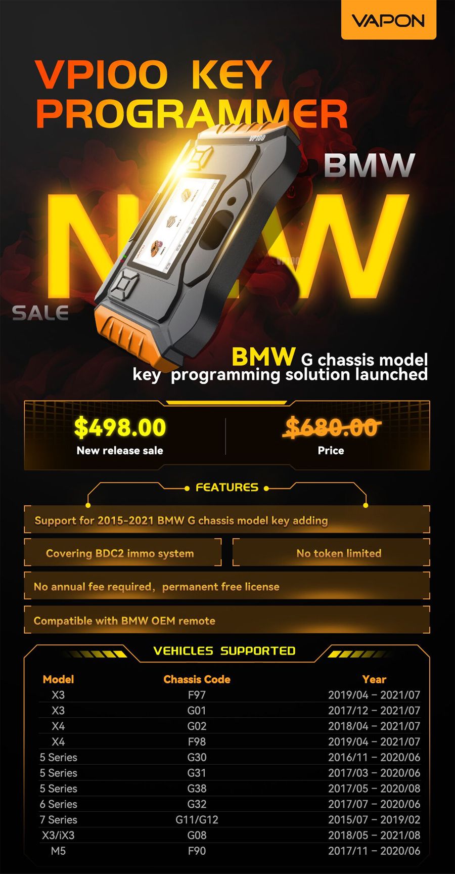 VAPON VP100 Key Programmer BMW Support 2015-2021 BMW G Chassis Model Key Adding No Annual Fee No Token Needed